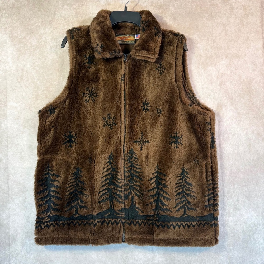 VTG Cobblestone Canyon Fleece Vest Women XL Brown Pine Tree Snowflake Faux Fur